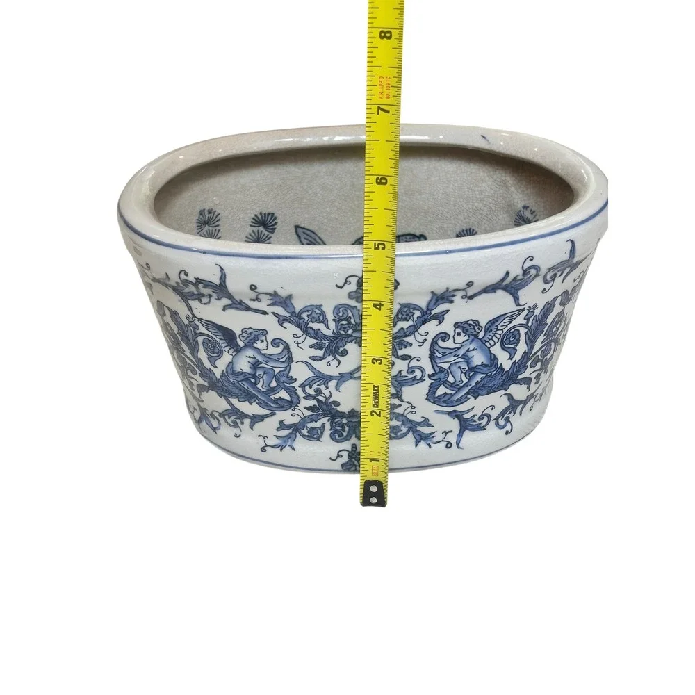 Vintage Blue and White Porcelain Oval Planter Cherub Fish Motif Crackle Glaze